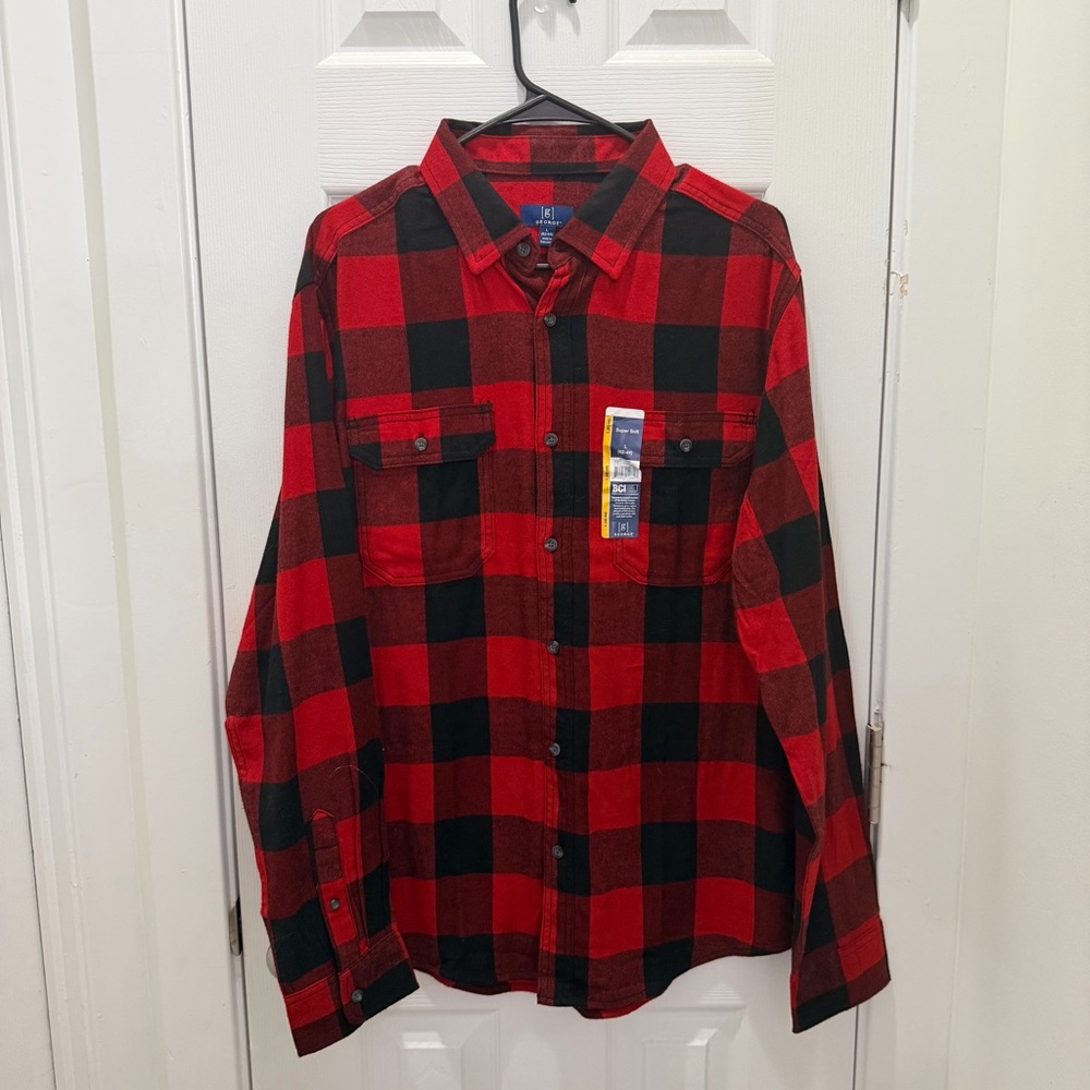 George Red and Black Plaid Button-Down Shirt